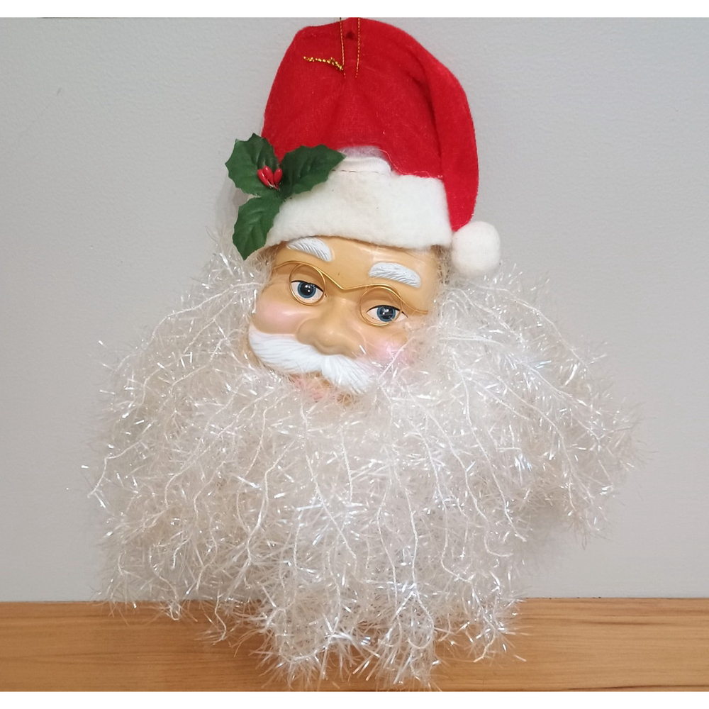 Vintage Large Plastic Face Santa Head Christmas Ornament Tinsel Beard
